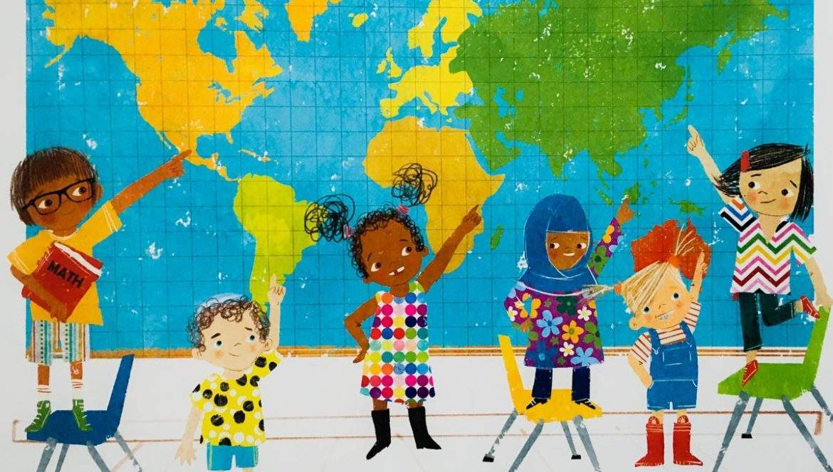 children pointing to world map