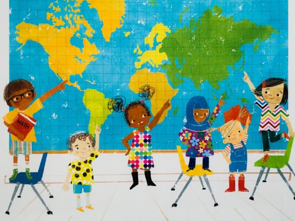 children pointing to world map