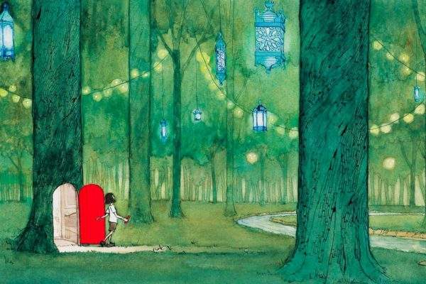 fantasy illustration of girl entering magic forest