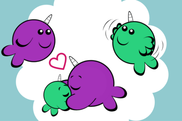 Four neurodiversity narwhals. The largest narwhal is hugging the smallest narwhal and they look happy