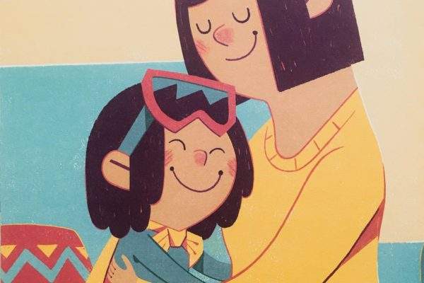 Little Nunavut girl with dark hair and goggles, snuggling with her mother