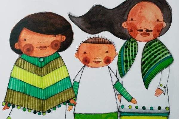 illustration of three nonbinary people with brown skin