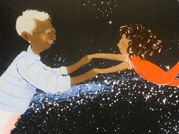 Grandfather & grandaughter hold hands in space