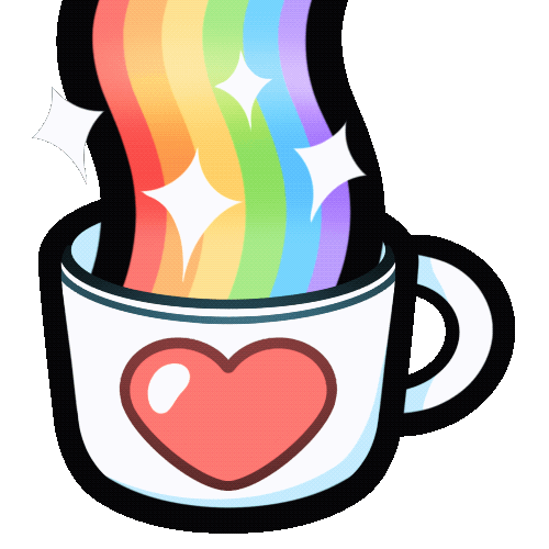 rainbow pouring into ko-fi donation mug with heart