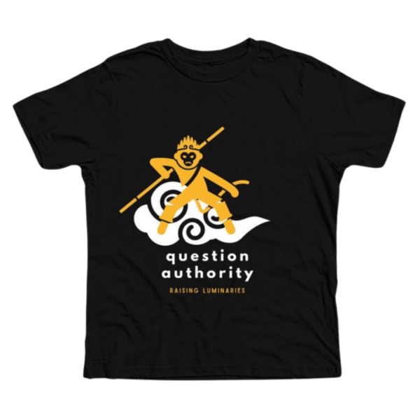 monkey king riding his cloud, raising luminaries t-shirt with text 'question authority'