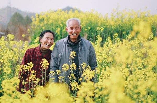 older adults smiling in a field of yellow flowers