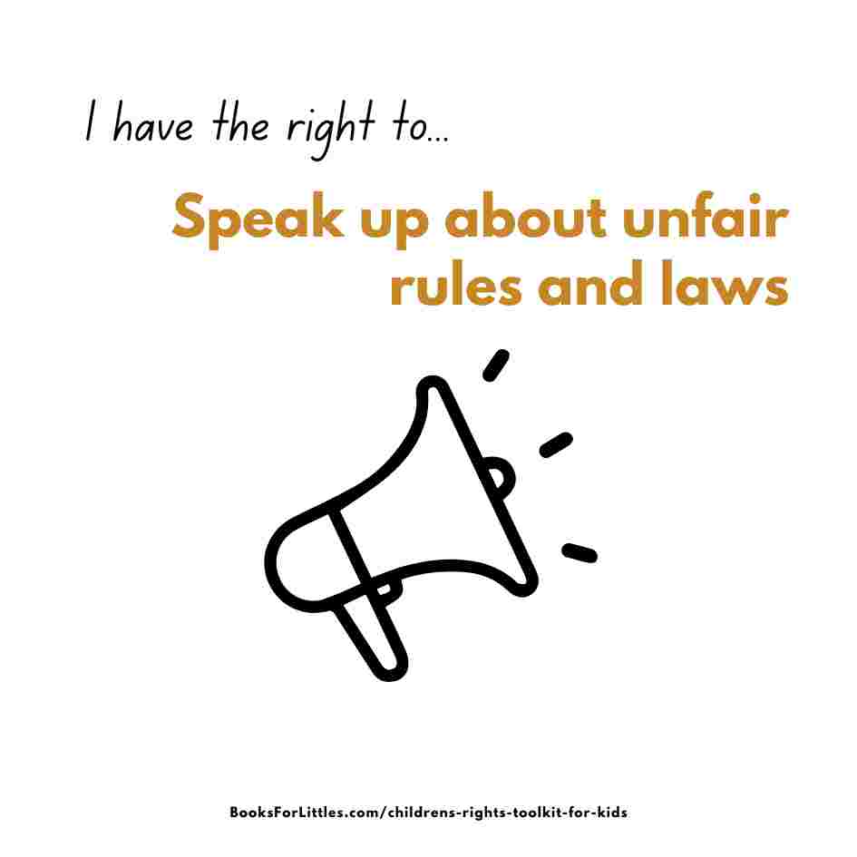 printable affirmation card: i have the right to speak up about unfair rules and laws, with color-in bullhorn image