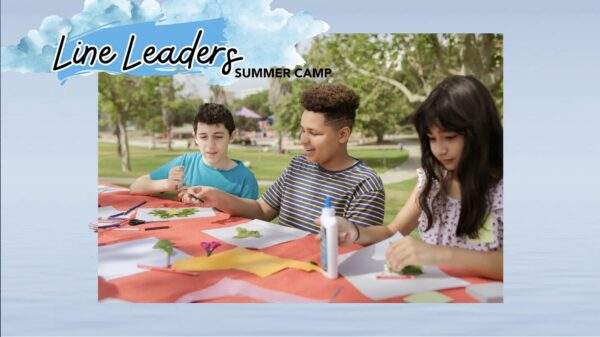 line leaders summer camp, three kids, outside art with leaves