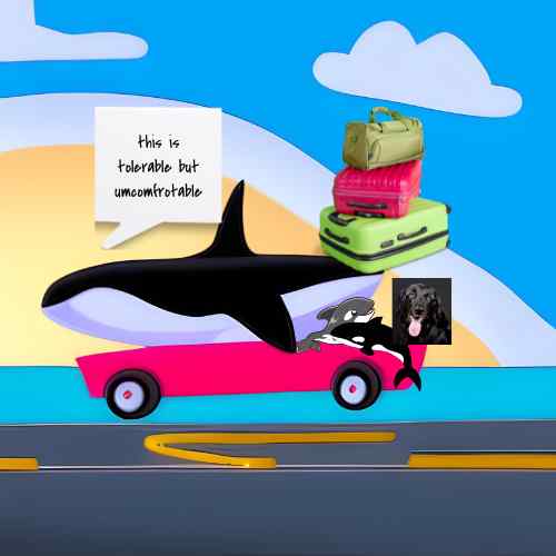 Shoffner family pictured as a family of poorly-drawn orcas driving down the highway. Bellorca says "This is tolerable but uncomfrotable"