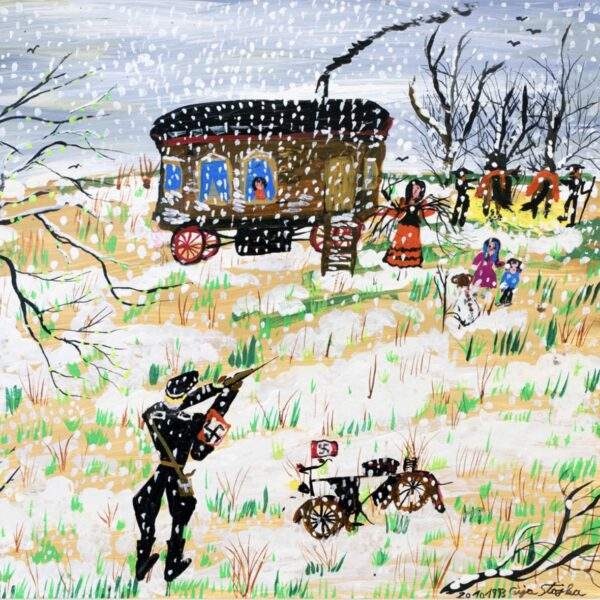 Ceija Stojka painting of a nazi pointing his gun at young Romani family in the snow